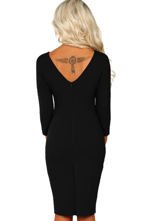 Black 3/4 Sleeve Cross Over Bodycon Midi Dress