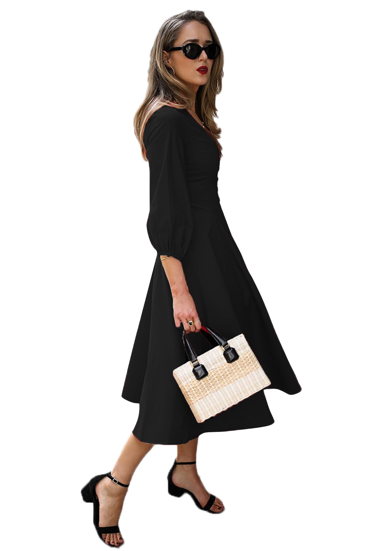 Black Button Front Balloon Sleeve Vintage Dress