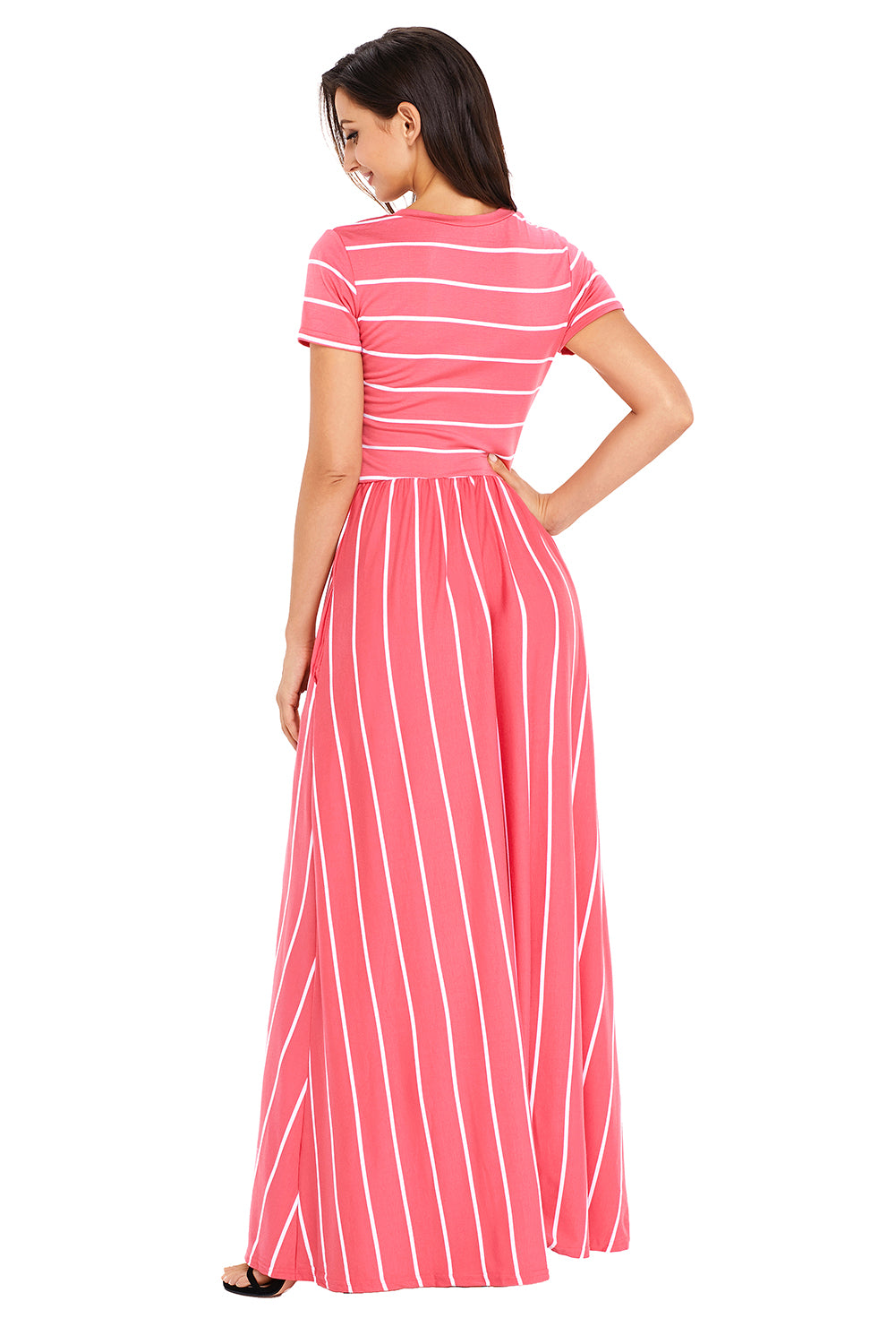 White Striped Rosy Short Sleeve Maxi Dress