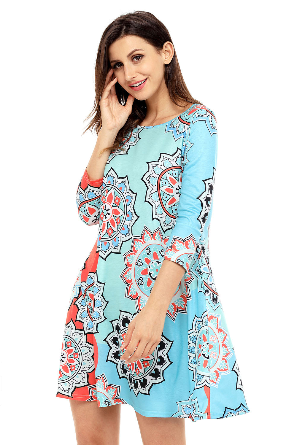 Bohemian Sunflower Print Aqua Blue Dress