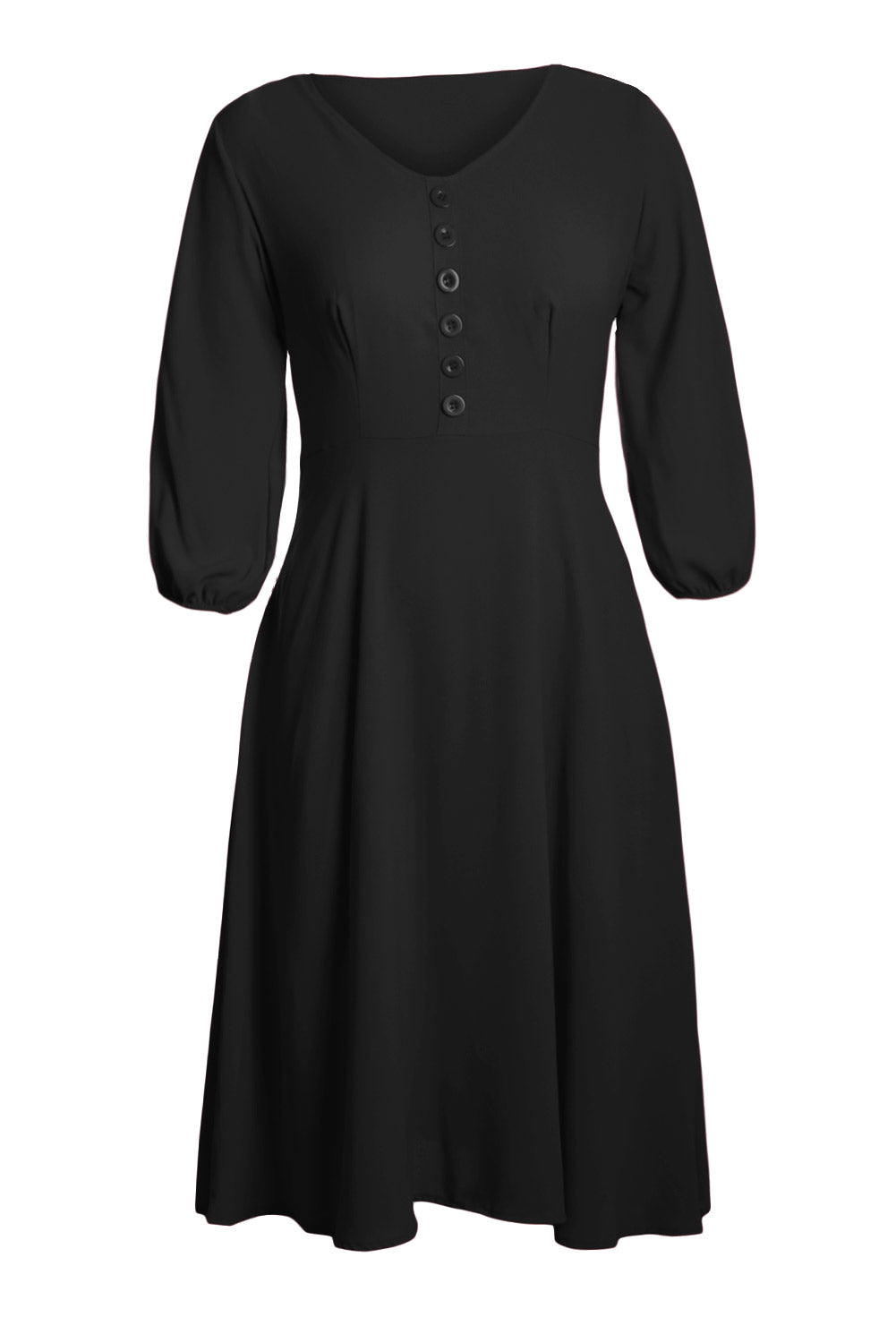 Black Button Front Balloon Sleeve Vintage Dress