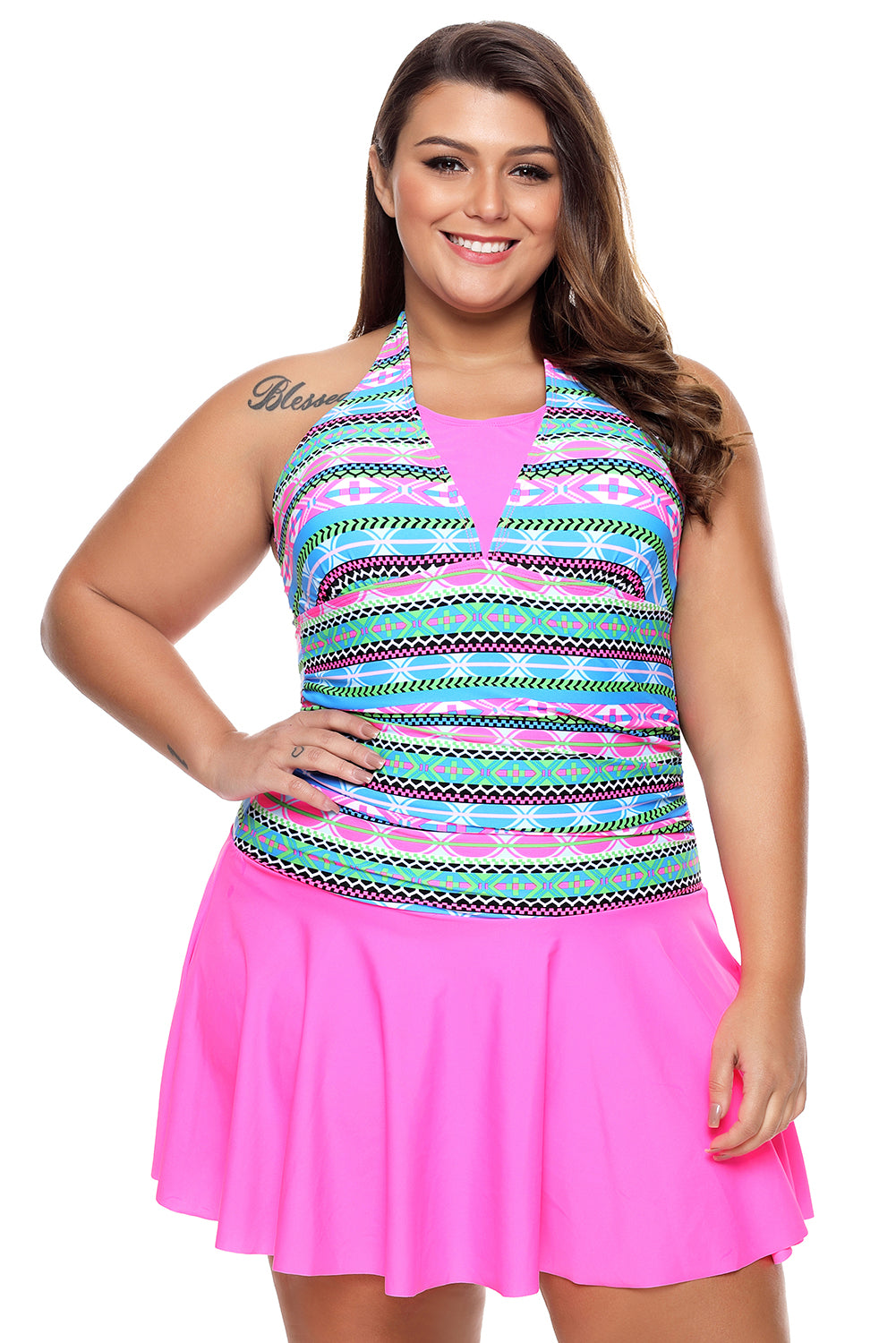 Aztec Print Rosy Halterneck One Piece Swimdress