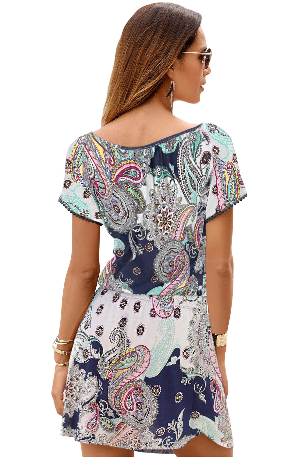 White Short Sleeve Paisley Print Dress