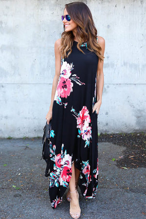 Black Floral Pocketed Holiday Maxi Boho Dress