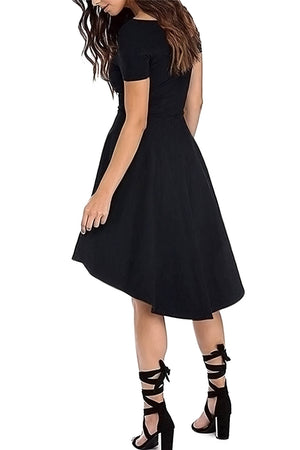 Black Short Sleeve High Low Cocktail Skater Dress