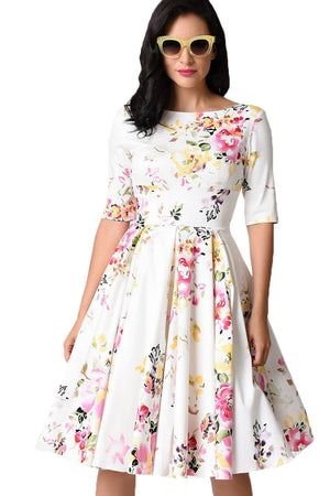 White Vintage Style Floral Half Sleeve Swing Dress