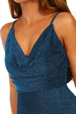Style Star Blue Lurex Cowl Neck Bodycon Midi Dress
