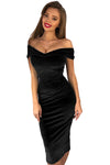 Black Off Shoulder Ruched Velvet Party Dress