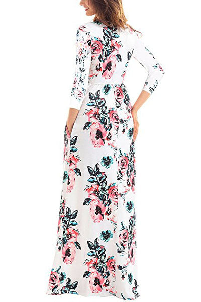 Classic Floral Print White 3/4 Sleeve Maxi Dress