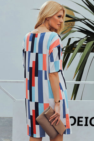 Blue Geometric Pattern Loose T-shirt Dress
