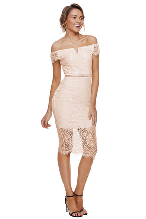 Apricot Lace Bardot Midi Dress