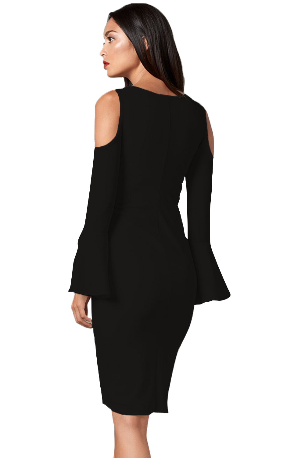 Black Cold Shoulder Button Detail Slit Midi Dress