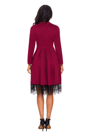 Lace Hemline Detail Burgundy Long Sleeve Skater Dress