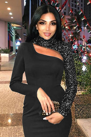 Unilateral Sequined Sleeve Collar Neck Tight Dress