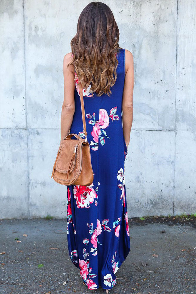 Blue Floral Pocketed Holiday Maxi Boho Dress