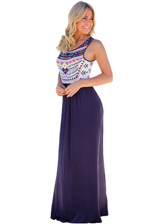 Stylish Aztec Print Sleeveless Purple Maxi Dress