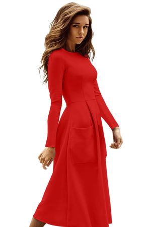 Red Bateau Collar Casual Big Pocket Skater Dress