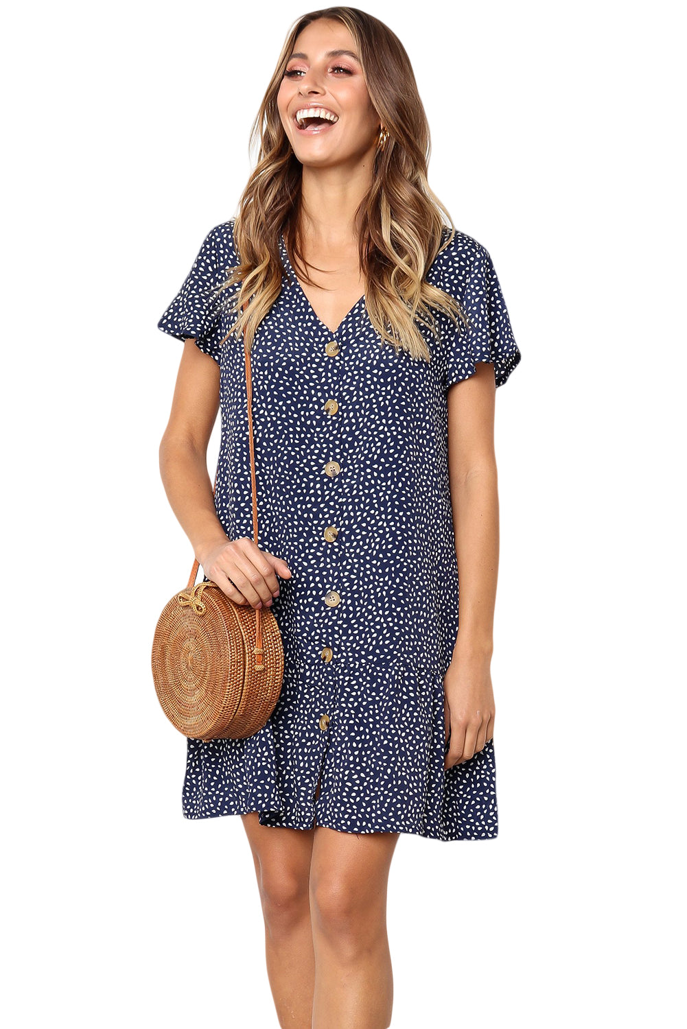 Blue Polka Dot V Neck Button Down Ruffles Short T-Shirt Dress