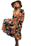 Black Mustard Floral Print Long Sleeve Boho Maxi Dress