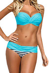 Striped Blue Padded Gather Push-up Bikini Set