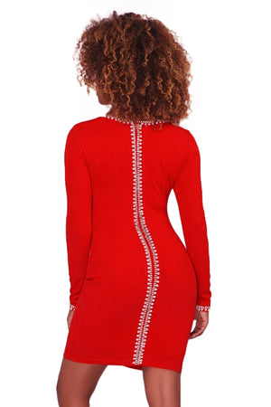 Gold Details Pearl Embellished Red Bodycon Dress
