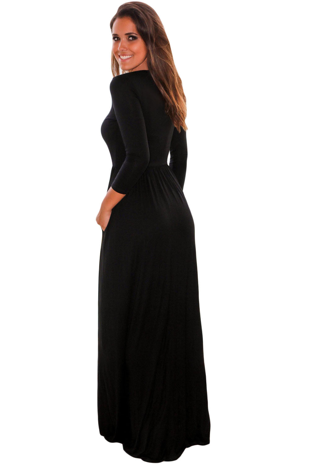 Black Pocket Design 3/4 Sleeves Maxi Dress
