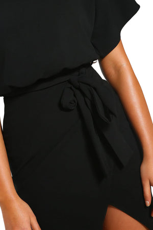 Black Belted Wrap Front Midi Dress
