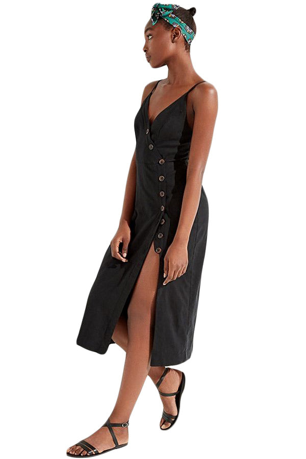 Black Button-down Linen Midi Dress