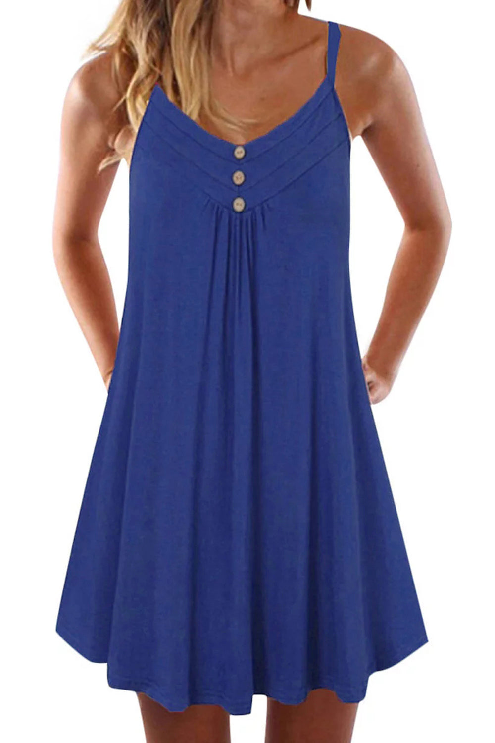 Blue Spaghetti Strap Buttoned Shift Dress