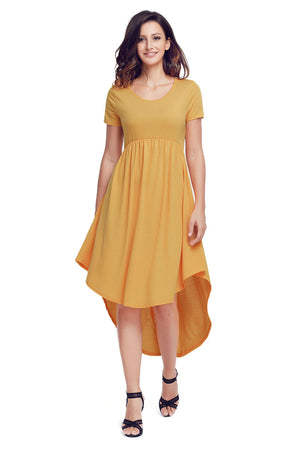 Yellow Short Sleeve High Low Pleated Casual Swing Dress
