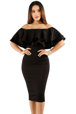 Black Layered Ruffle Off Shoulder Midi Dress