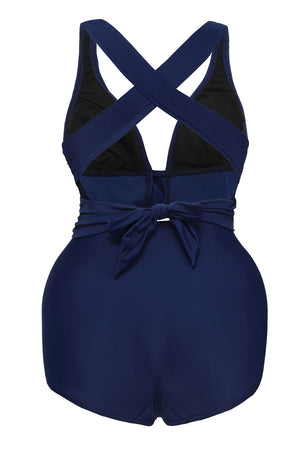 Navy Blue Self Tie One Piece Swimsuit