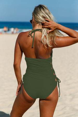 Army Green Halter Neck Lace up Sides Maillot