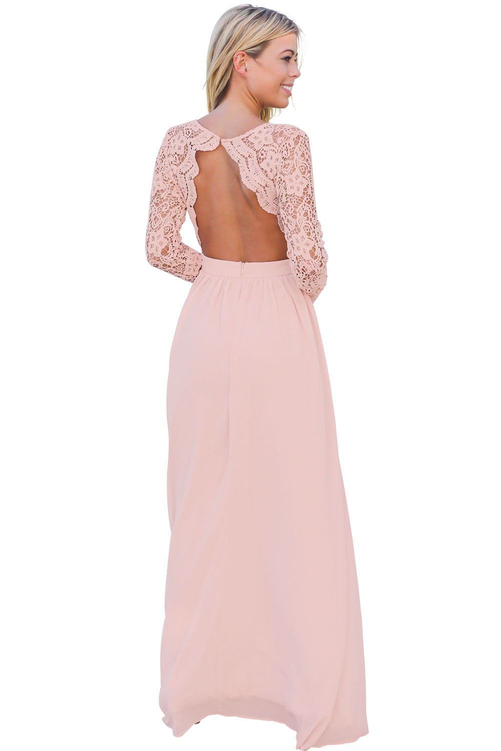 Pink Open Back Long Sleeve Crochet Maxi Party Dress