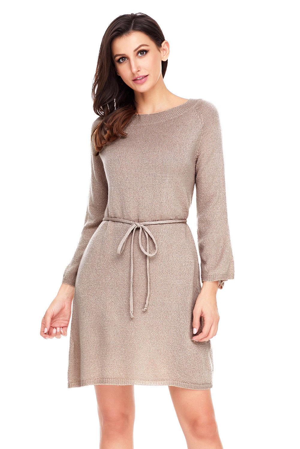 Khaki Off The Shoulder Knit Sweater Dress