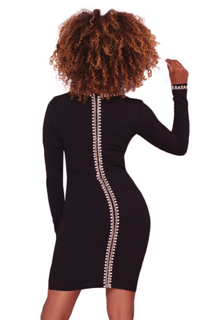Gold Details Pearl Embellished Black Bodycon Dress