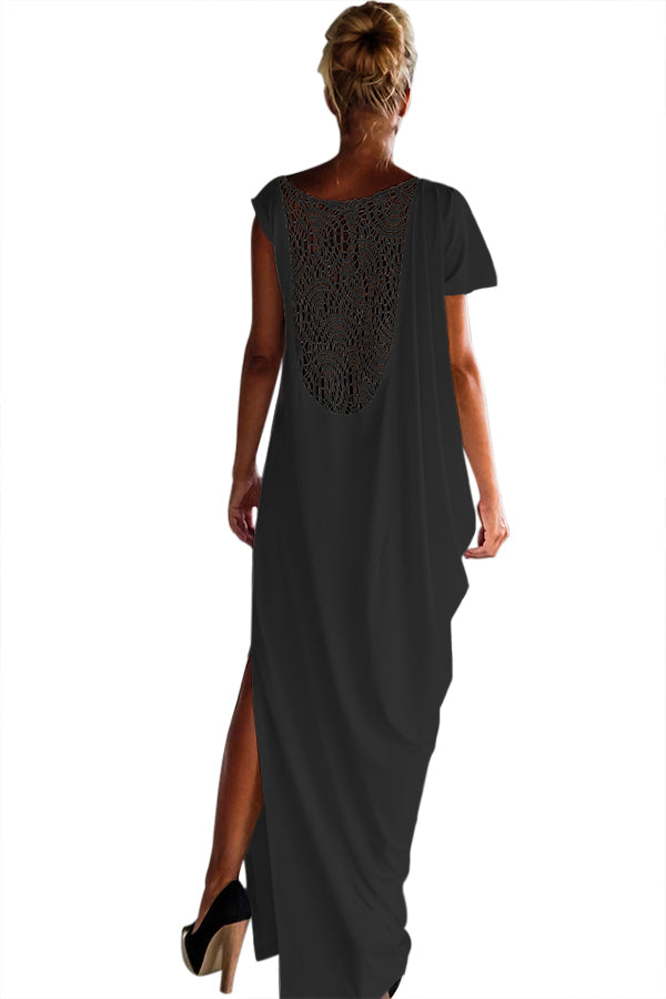 Black Crochet Lace Back Oversized Kaftan Dress