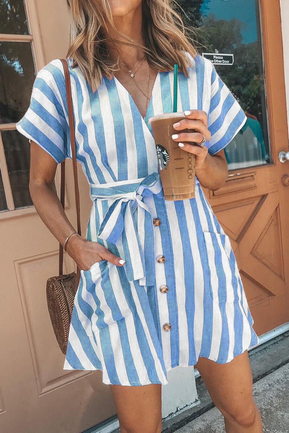 Sky Blue Fashion Stripe Short Sleeve Casual Dress