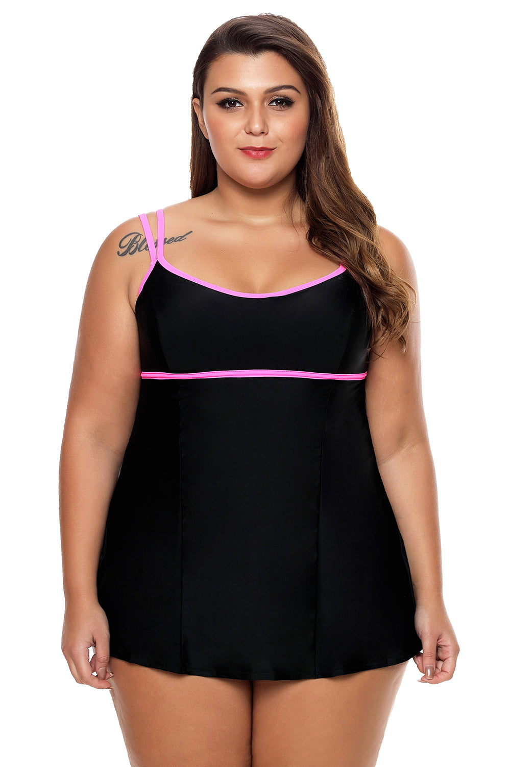 Stylish Double Shoulder Straps Black One-piece Swimdress