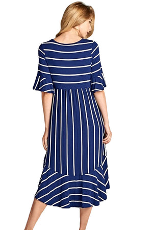 Navy White Striped Bell Sleeve Hi-low Midi Dress