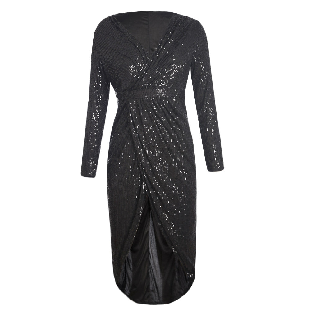 Black Sequins Wrapped Ruched Irregular Dresses