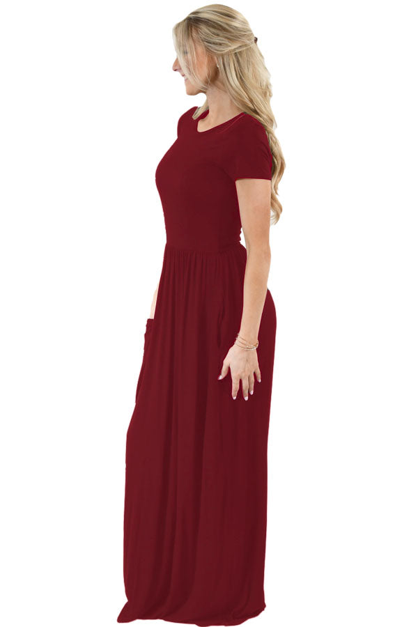 Wine Short Sleeve Ruched Waist Maxi Dress