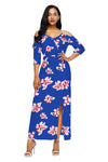 Blue Cold Shoulder Floral Slit Maxi Dress