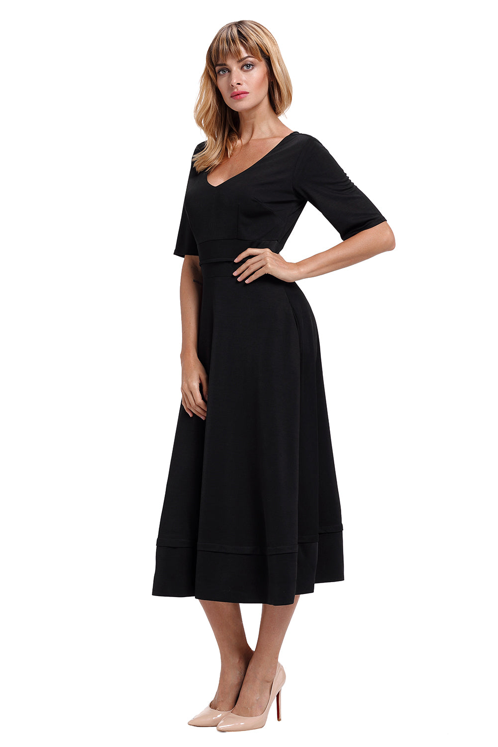 Black Half Sleeve V Neck High Waist Flared Dress
