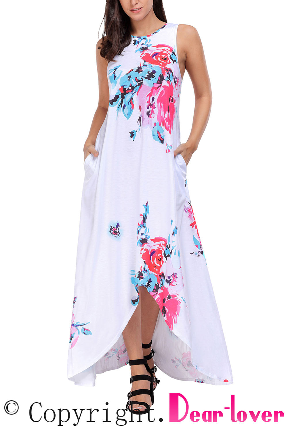 White Floral Pocketed Holiday Maxi Boho Dress