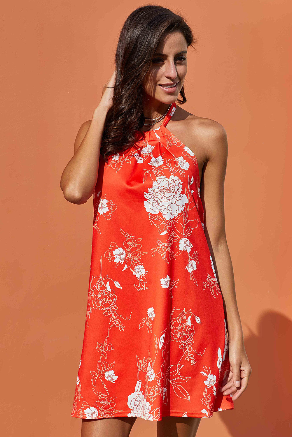 Orange Floral Print Sleeveless Mini Dresses