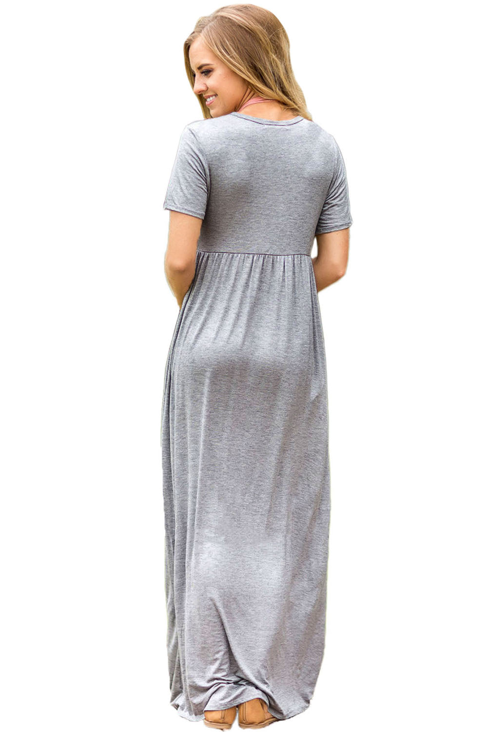 Gray Short Sleeve Ruched Waist Maxi Dress