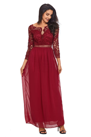 Wine Lace Crochet Quarter Sleeve Maxi Dress
