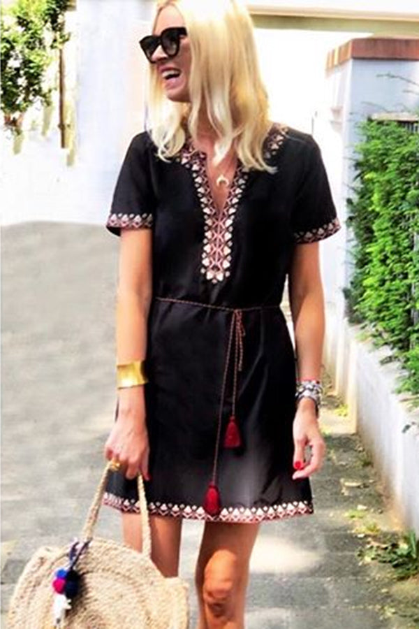 Black Summer Boho Embroidered V Neck Short Sleeve Casual Mini Dress