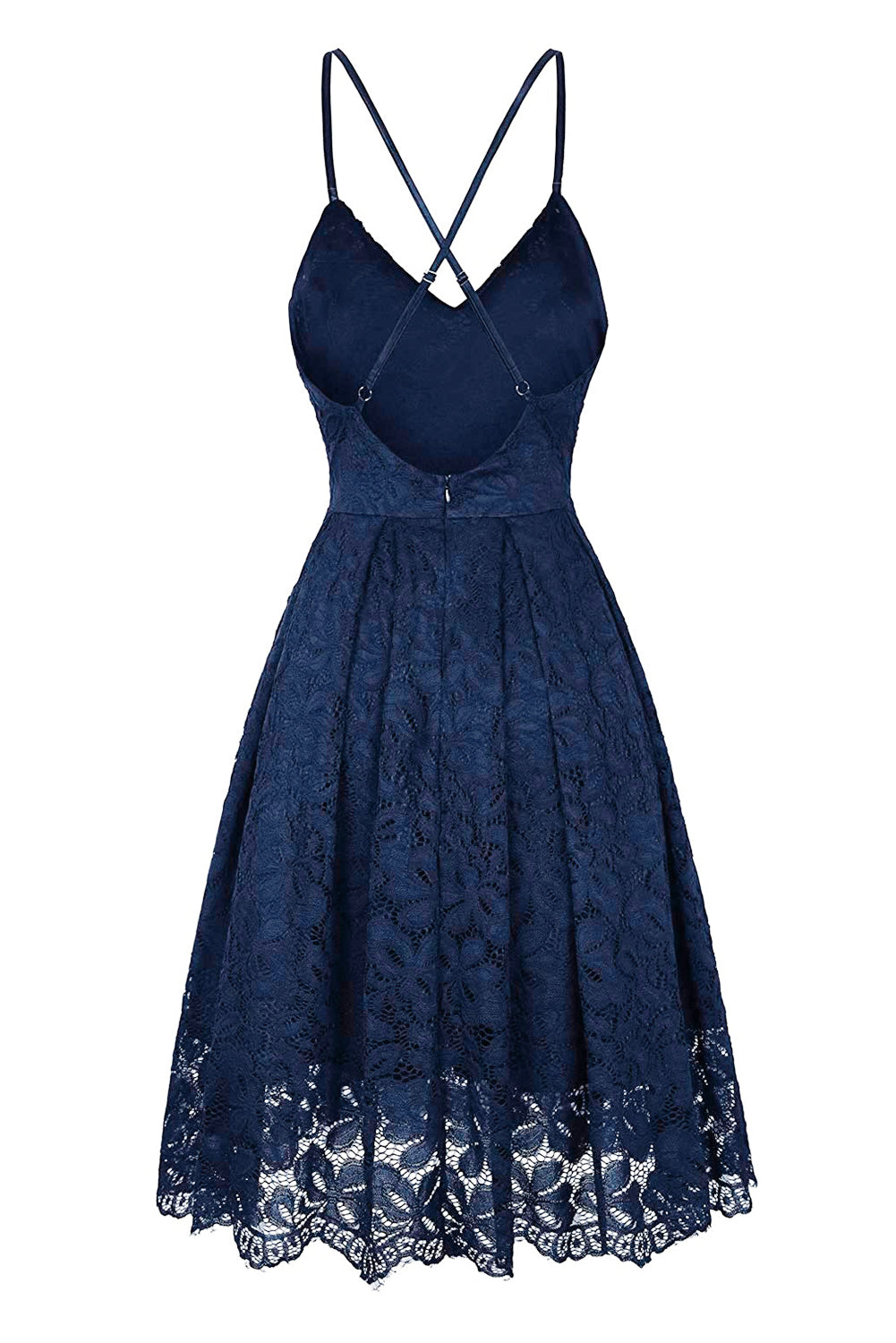 Blue Lace Floral V Neck Backless Cocktail A-Line Dress